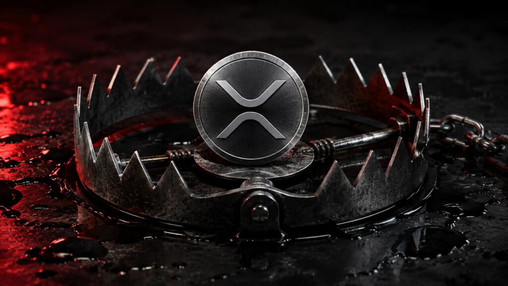 XRP token positioned inside a steel bear trap symbolizing rising leverage risk and tightening crypto market liquidity amid volatility fears