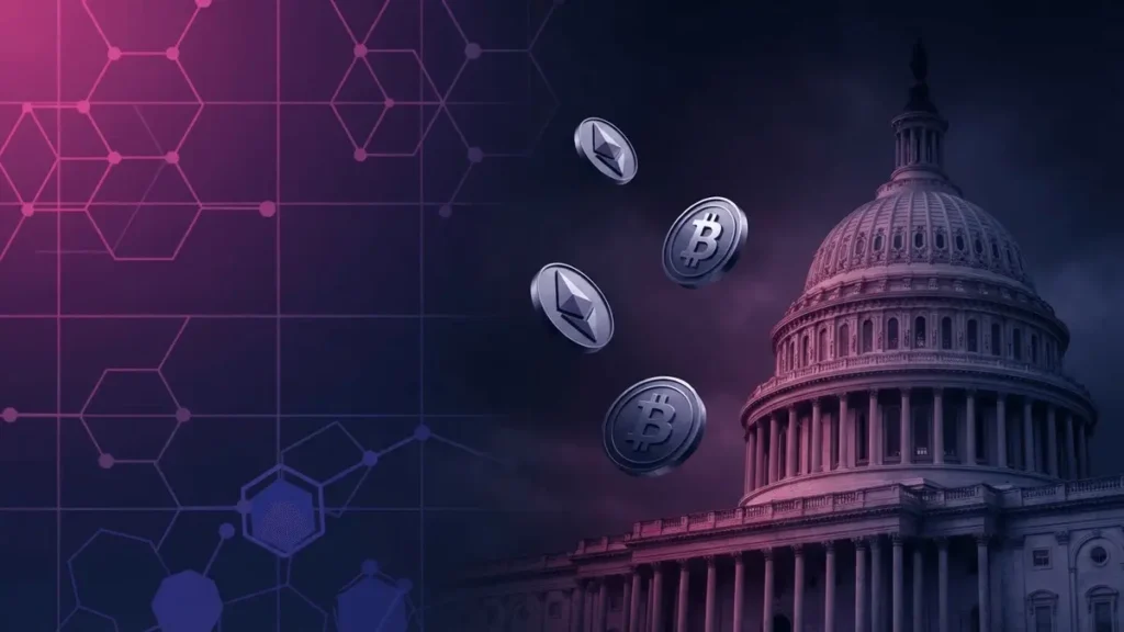 US Capitol building with blockchain grid overlay and cryptocurrency symbols in purple and magenta tones