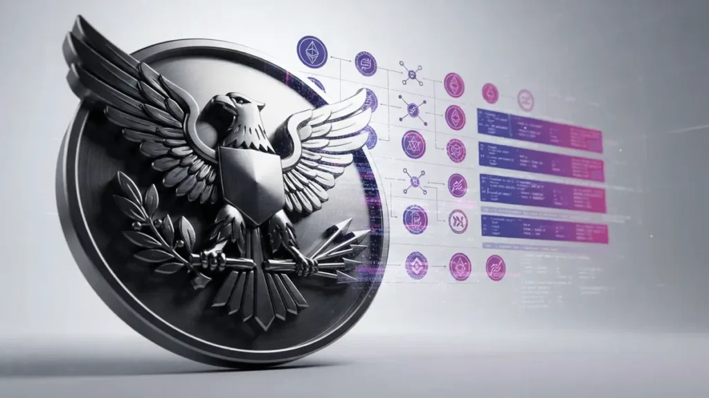 DOJ eagle seal with flowing holographic crypto tokens in purple-magenta gradient representing enforcement