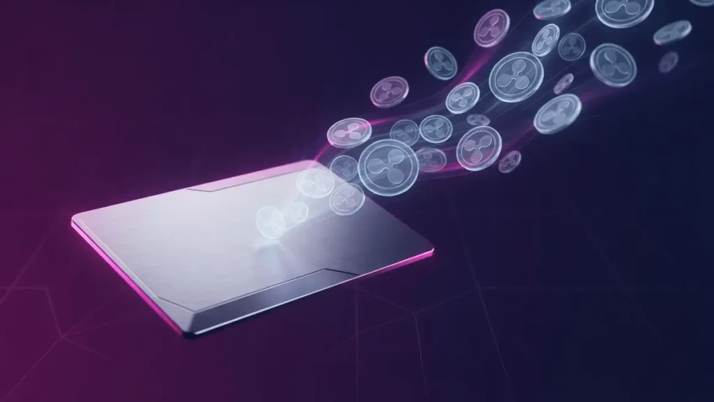 Credit card with holographic XRP coins emerging, representing Japan's crypto loyalty program integration