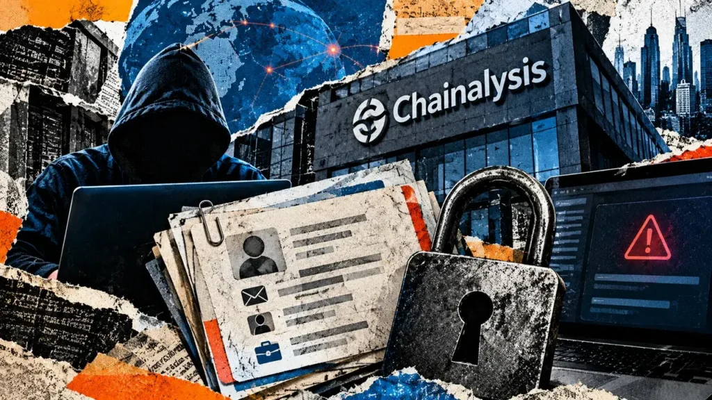 Editorial collage showing Chainalysis offices, customer record cards, a warning screen and breached lock amid blue-orange torn-paper textures.