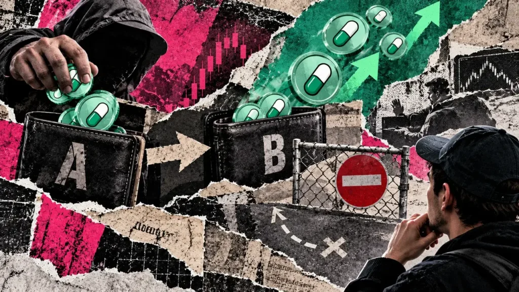 An editorial collage of tokens moving between wallets A and B while a copy trader faces a fenced barrier marked with a no-entry sign.